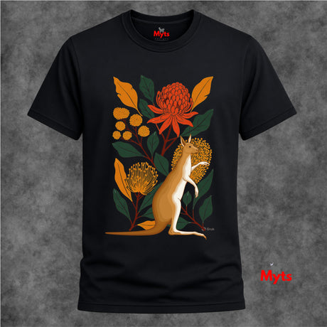 A black short-sleeve t-shirt with a colorful graphic print of a kangaroo among Australian flowers, displayed against a textured gray background.