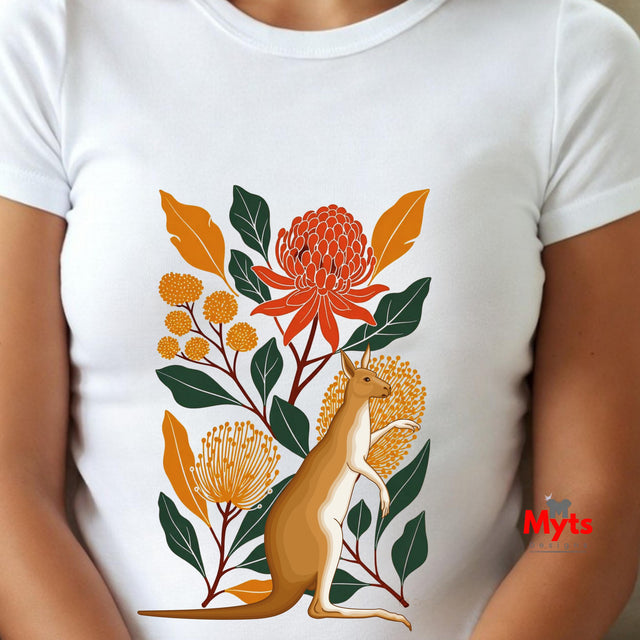 A white short-sleeve crewneck t-shirt featuring a colorful graphic print of a kangaroo surrounded by orange flowers and green leaves, worn by a model.
