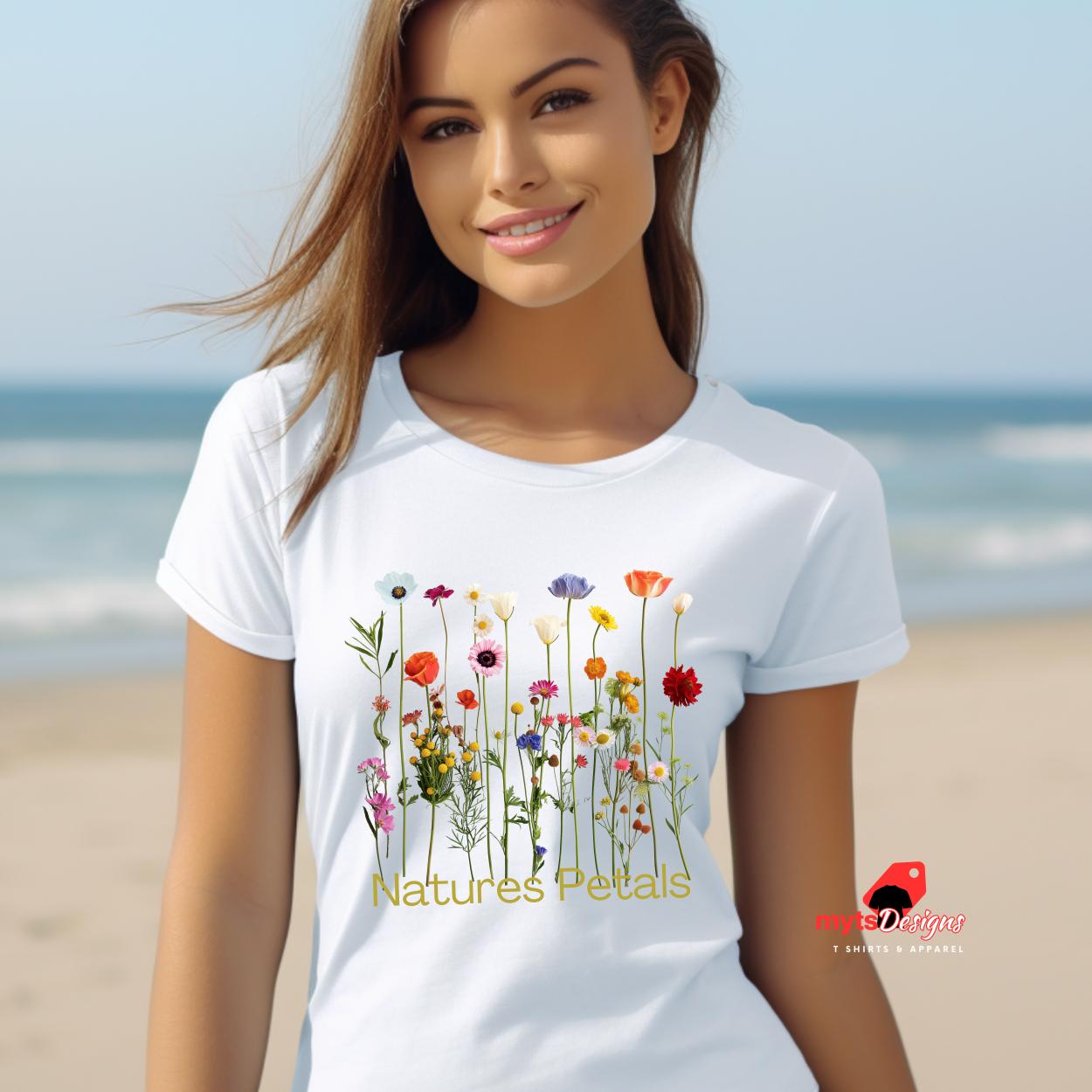 Nature's Petals Minimalist Wildflower T-Shirts,  Eco-Friendly Botanical Tee,  Boho Floral Graphic Shirt,  Casual Nature-Inspired Top