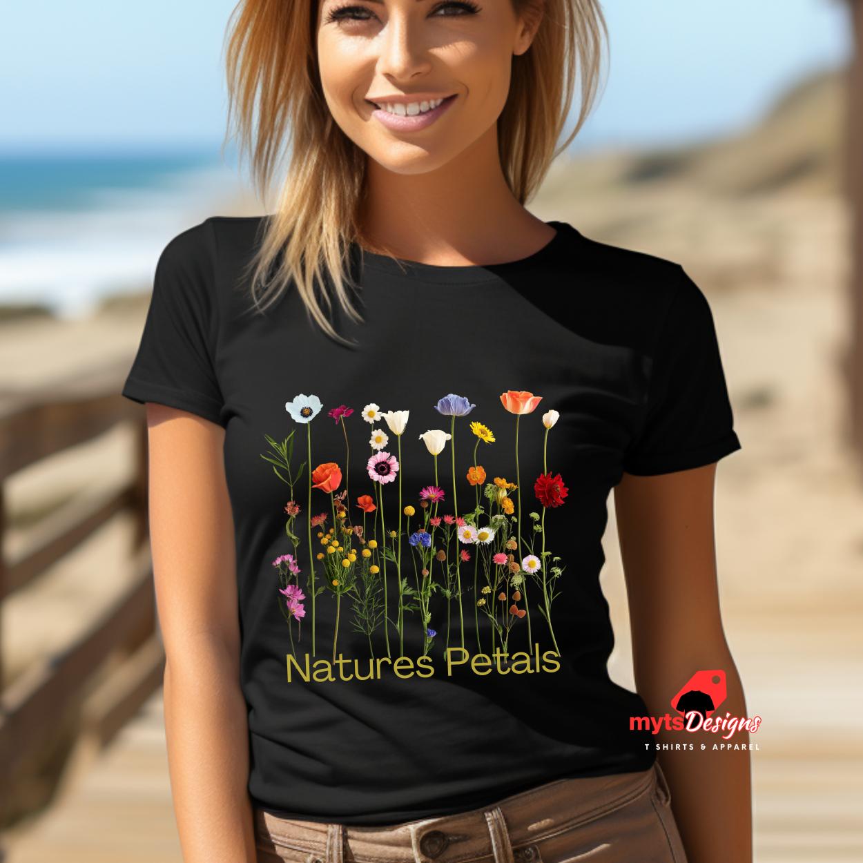 Nature's Petals Minimalist Wildflower T-Shirts,  Eco-Friendly Botanical Tee,  Boho Floral Graphic Shirt,  Casual Nature-Inspired Top