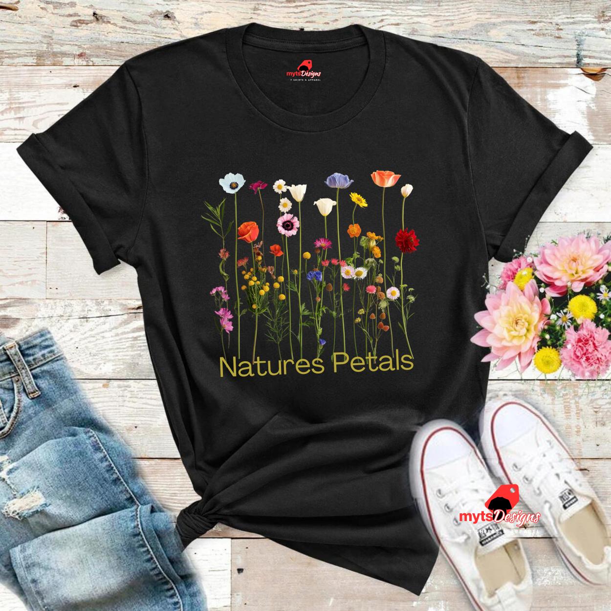 Nature's Petals Minimalist Wildflower T-Shirts,  Eco-Friendly Botanical Tee,  Boho Floral Graphic Shirt,  Casual Nature-Inspired Top