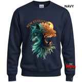 A navy blue crewneck sweatshirt featuring a graphic of a wolf with teal and green fur blending into autumn trees and a full moon, with the text 'NEW EVOLUTION' above it. A Gildan brand tag is visible inside the collar, and 'NAVY' is printed in the top right corner.