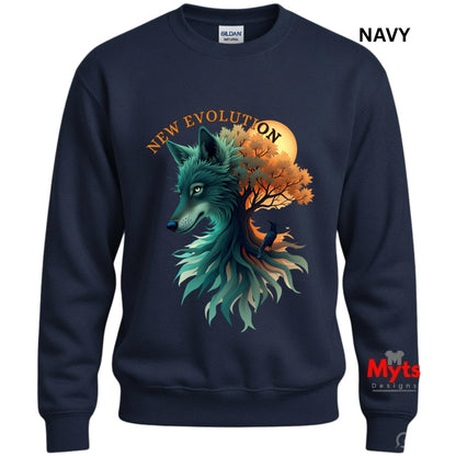 A navy blue crewneck sweatshirt featuring a graphic of a wolf with teal and green fur blending into autumn trees and a full moon, with the text 'NEW EVOLUTION' above it. A Gildan brand tag is visible inside the collar, and 'NAVY' is printed in the top right corner.
