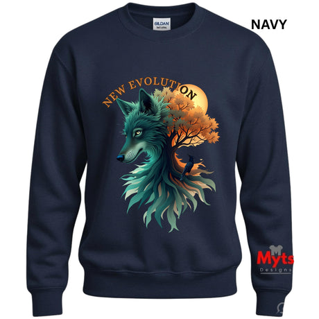 A navy blue crewneck sweatshirt featuring a graphic of a wolf with teal and green fur blending into autumn trees and a full moon, with the text 'NEW EVOLUTION' above it. A Gildan brand tag is visible inside the collar, and 'NAVY' is printed in the top right corner.