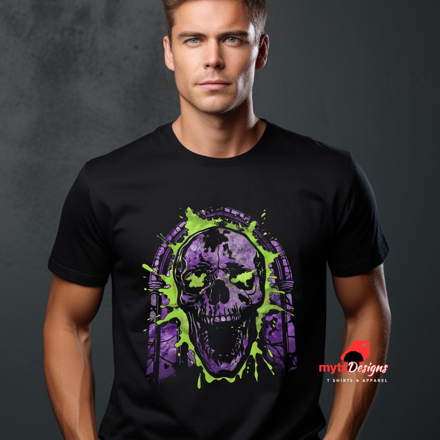 Man wearing a black t-shirt with a purple and green skull design on a dark background
