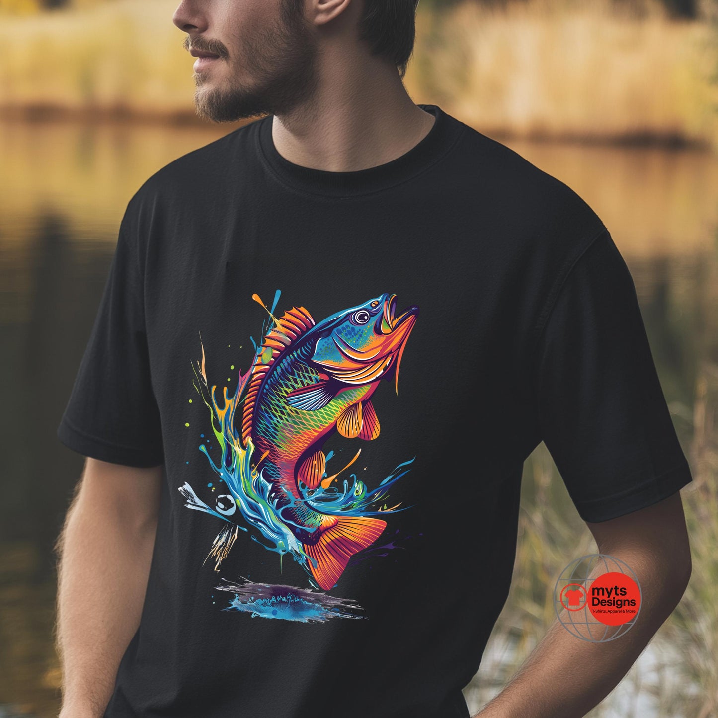 Person wearing a black t-shirt with a colorful fish design outdoors.