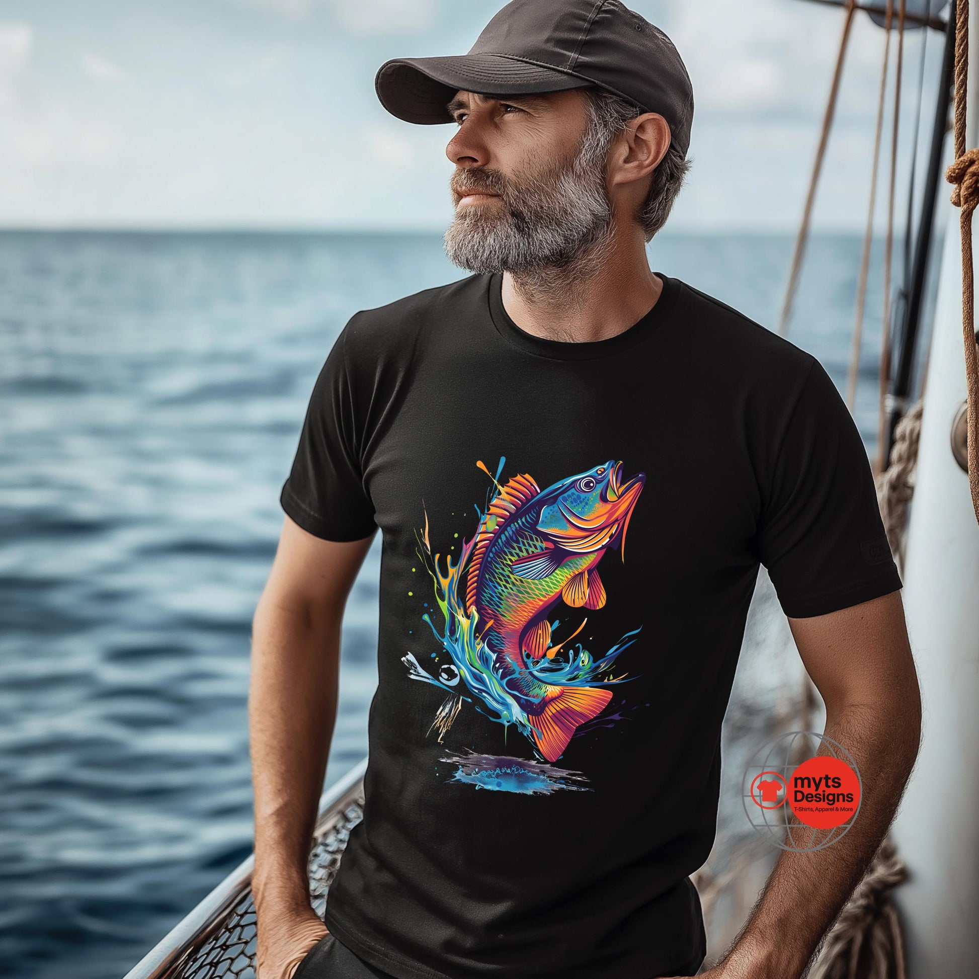 Man wearing a black t-shirt with a colorful fish design on a boat.