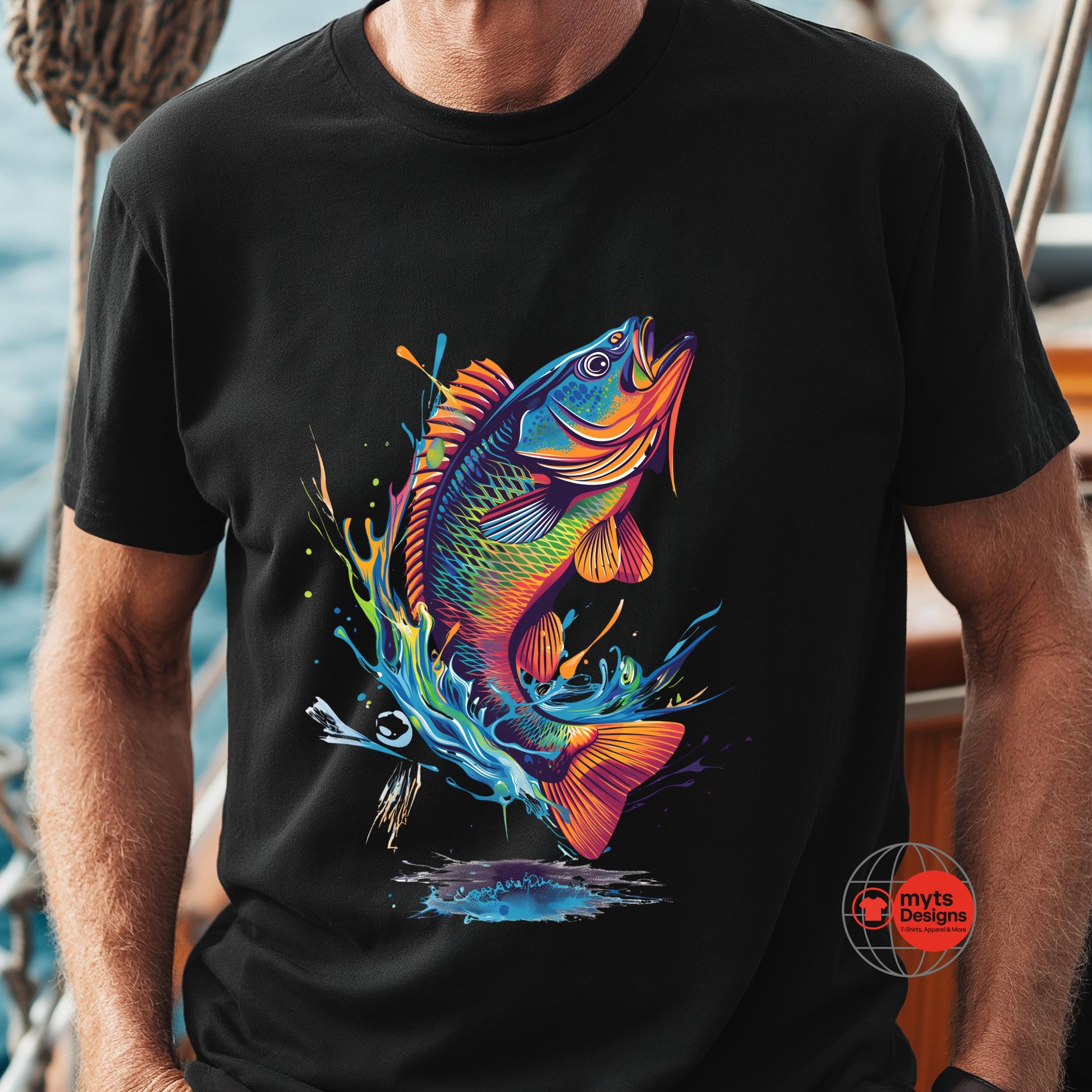 Person wearing a black t-shirt with a colorful fish design on a boat.