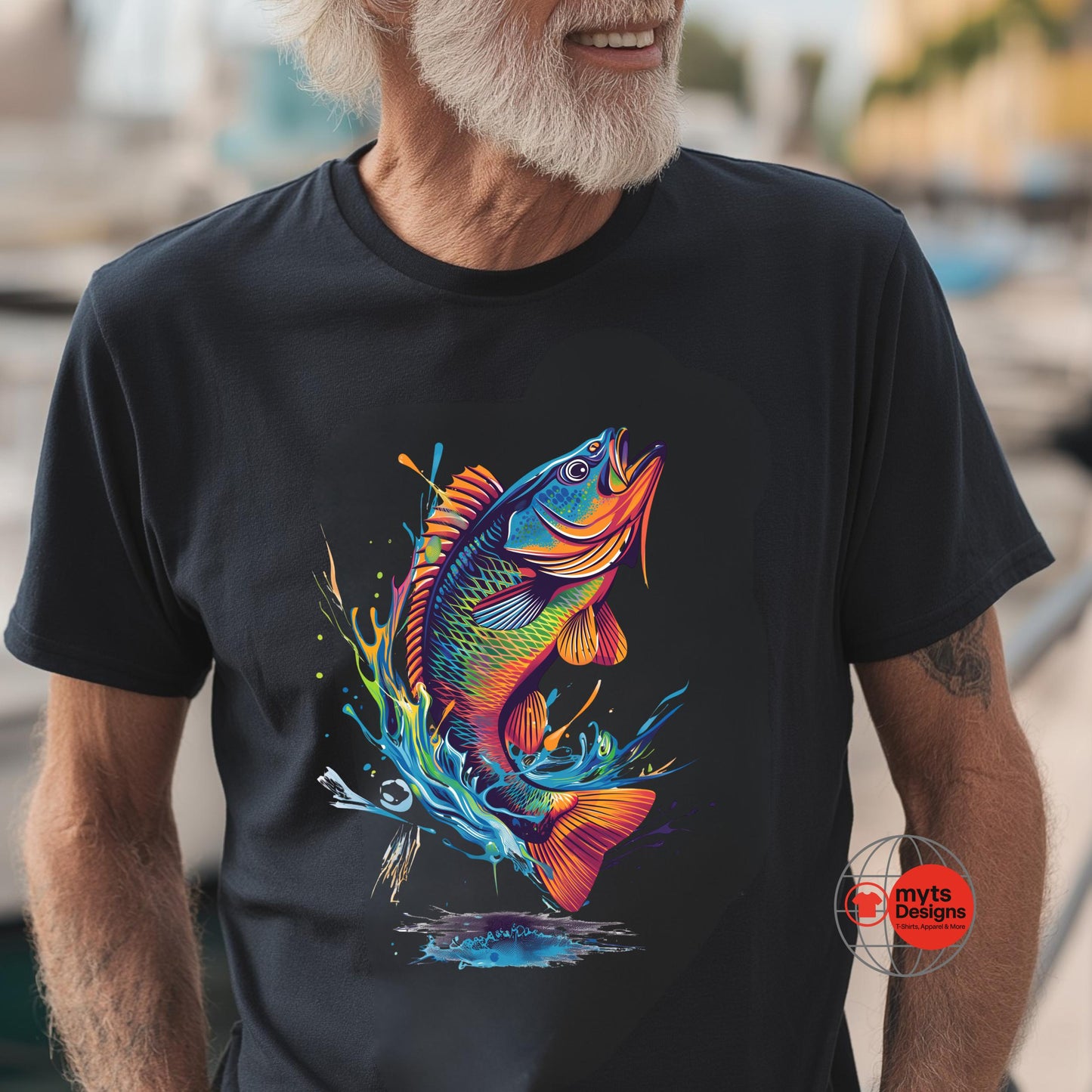 Man wearing a black t-shirt with a colorful fish design, standing outdoors.