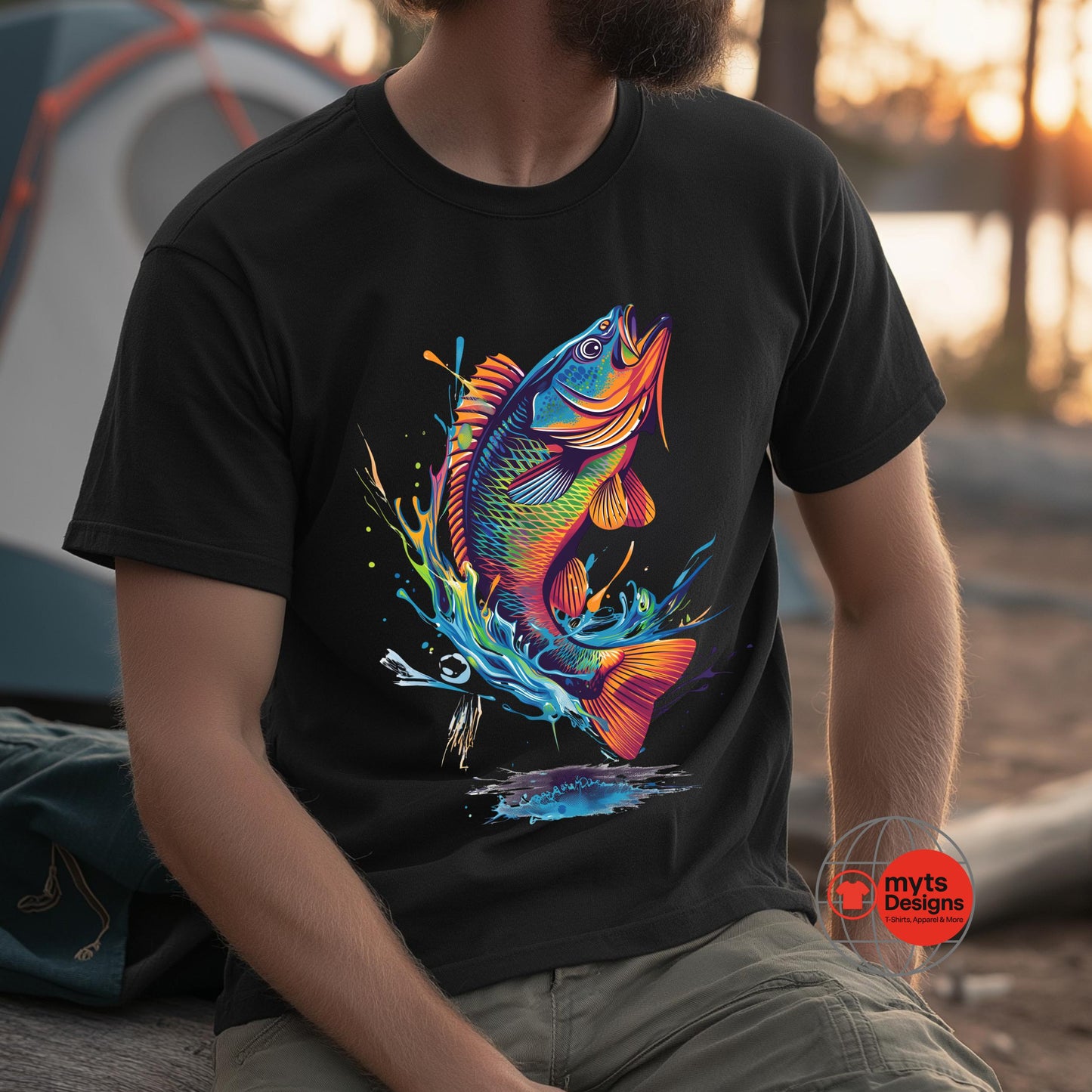 Person wearing a black t-shirt with a colorful fish design, sitting outdoors.