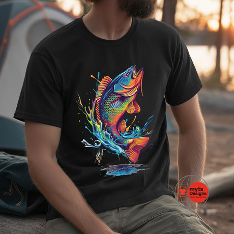 Person wearing a black t-shirt with a colorful fish design, sitting outdoors.