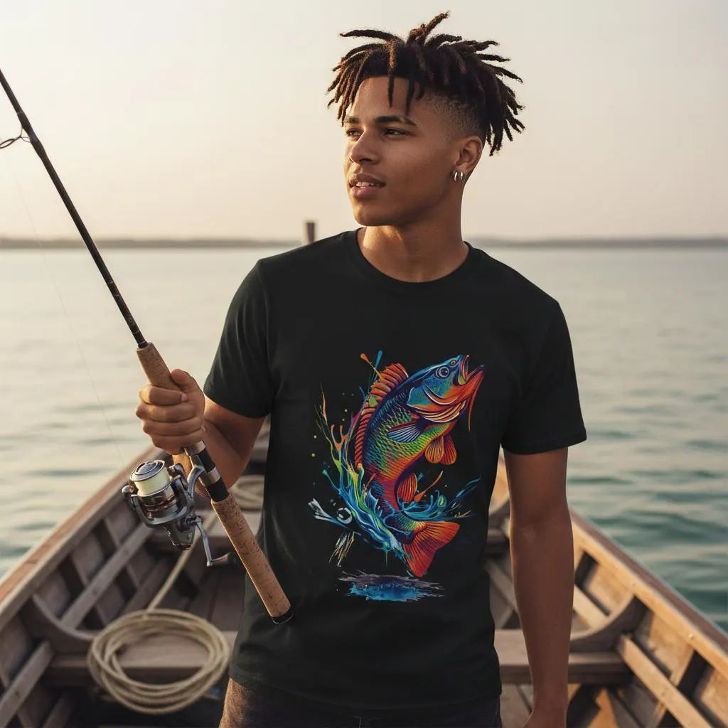 Man on a boat holding a fishing rod, wearing a black t-shirt with a colorful fish design.