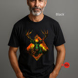 Man wearing a black t-shirt with a deer design on a gray background