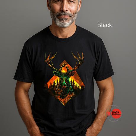 Man wearing a black t-shirt with a deer design on a gray background