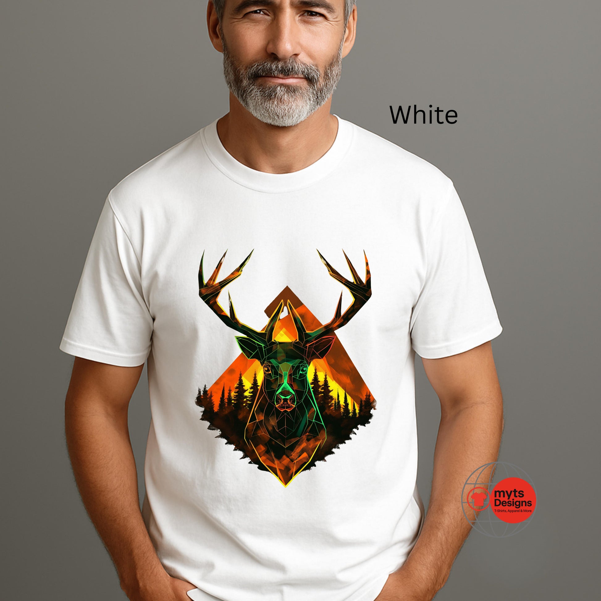 Man wearing a white t-shirt with a deer graphic design on a gray background