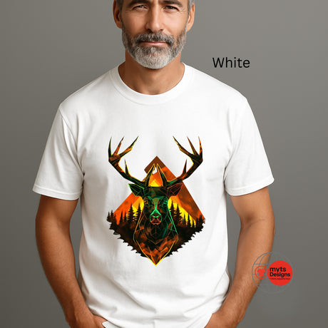 Man wearing a white t-shirt with a deer graphic design on a gray background