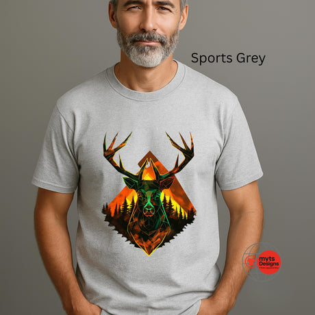 Man wearing a gray t-shirt with a deer graphic design on a plain background