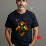 Man wearing a navy t-shirt with a deer and mountain design, branded 'myts Designs'.
