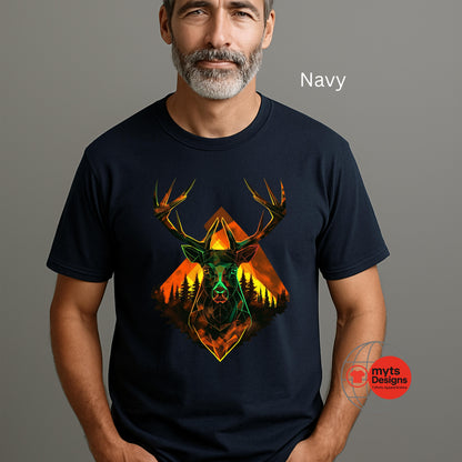 Man wearing a navy t-shirt with a deer and mountain design, branded 'myts Designs'.
