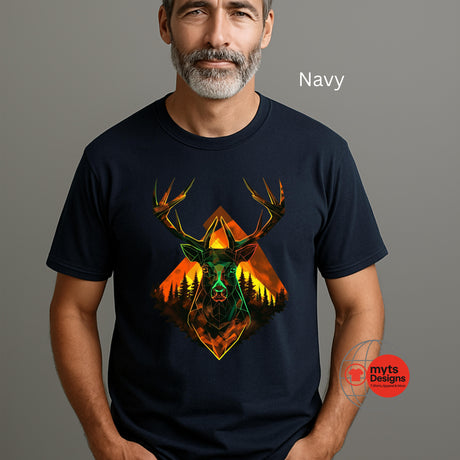Man wearing a navy t-shirt with a deer and mountain design, branded 'myts Designs'.