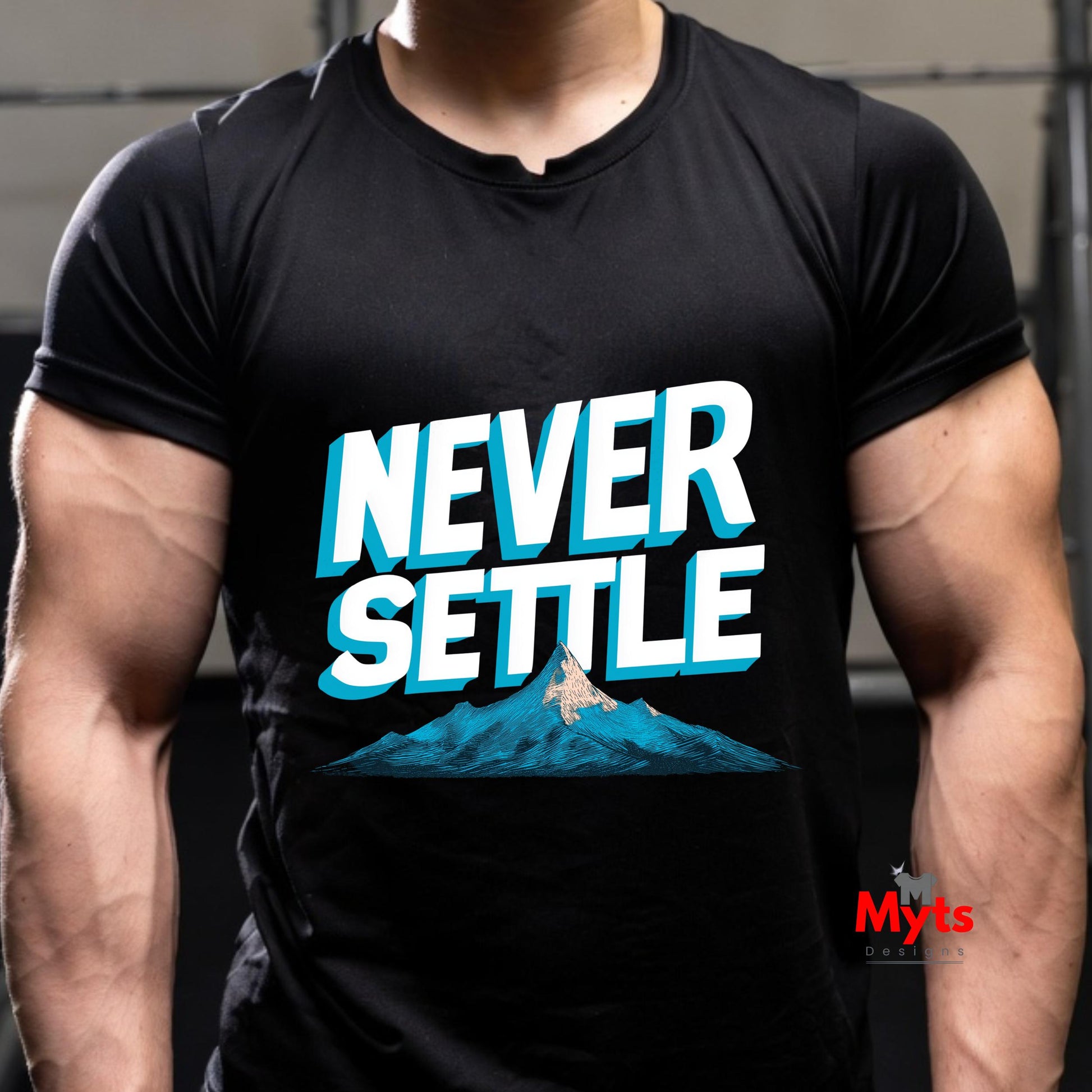 Person wearing a black t-shirt with 'NEVER SETTLE' text and mountain graphic.