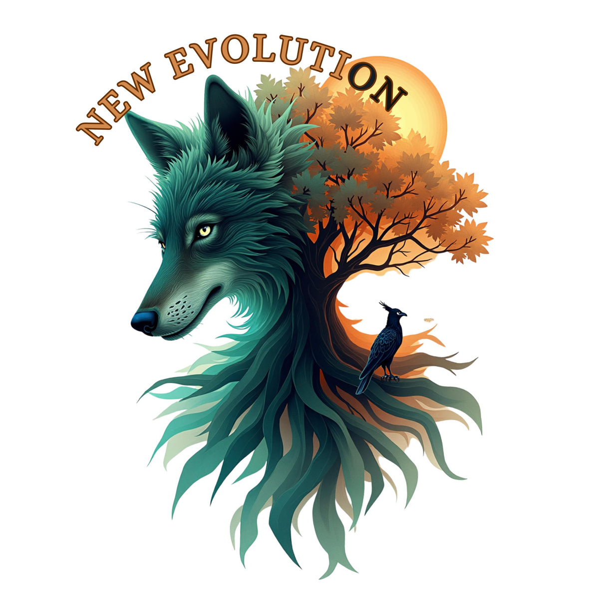 A stylized graphic illustration of a wolf's head in profile merging into tree roots and branches, with autumn foliage, a small bird, and the words 'NEW EVOLUTION' above on a white background.