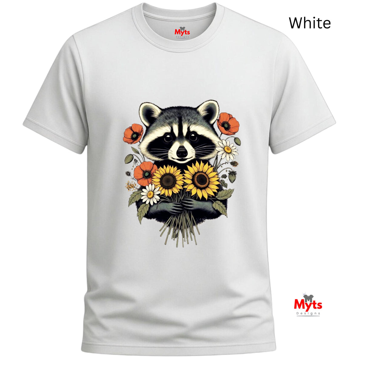 A white short-sleeve crewneck t-shirt featuring a graphic print of a raccoon holding a bouquet of sunflowers and poppies. The text 'White' is displayed in the top right corner, and the 'Myts' brand logo is visible on the bottom right.