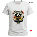 A white short-sleeve crewneck t-shirt featuring a graphic print of a raccoon holding a bouquet of sunflowers and poppies. The text 'White' is displayed in the top right corner, and the 'Myts' brand logo is visible on the bottom right.