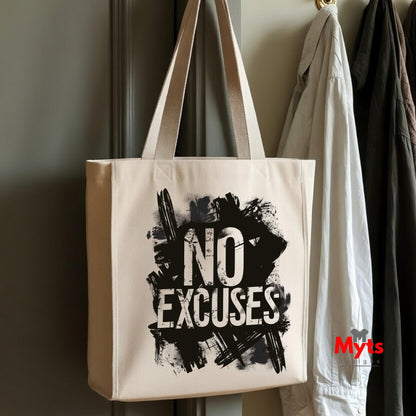 Beige tote bag with 'NO EXCUSES' text on a hook against a wall.
