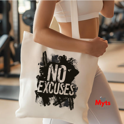 Person holding a tote bag with 'No Excuses' text in a gym setting