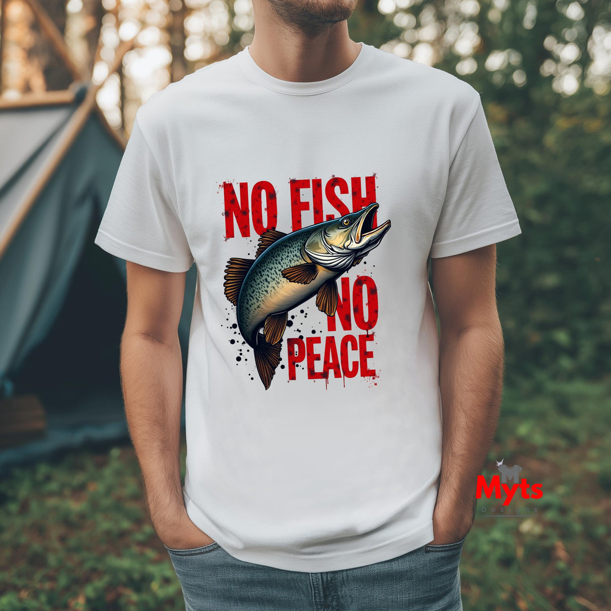 Person wearing a white t-shirt with a fish graphic and 'No Fish No Peace' text outdoors.