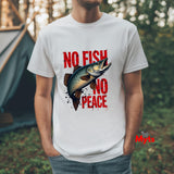 Person wearing a white t-shirt with a fish graphic and 'No Fish No Peace' text outdoors.