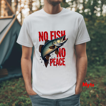 Person wearing a white t-shirt with a fish graphic and 'No Fish No Peace' text outdoors.
