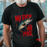 Person wearing a black t-shirt with a fish graphic and 'No Fish No Peace' text on a boat.