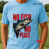 Light blue t-shirt with a fish graphic and 'No Fish No Peace' text on a grassy background