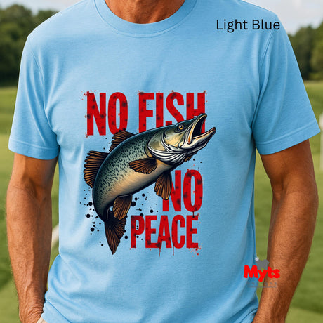 Light blue t-shirt with a fish graphic and 'No Fish No Peace' text on a grassy background