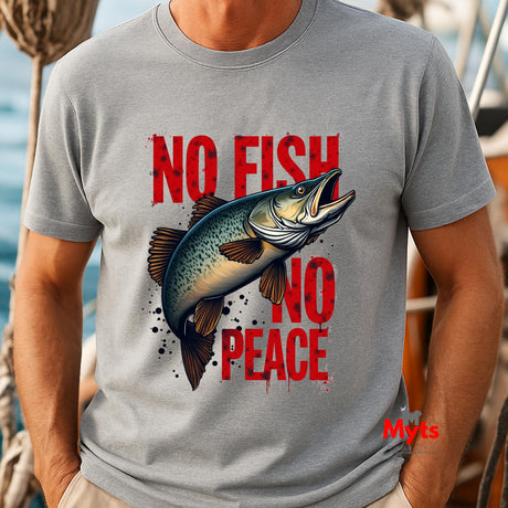 Person wearing a gray t-shirt with a fish graphic and 'No Fish No Peace' text.