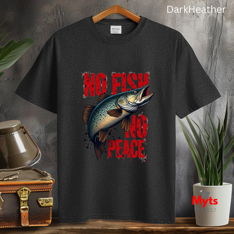 Black t-shirt with fish graphic and 'No Fish No Peace' text on a wooden surface with plants and a suitcase.