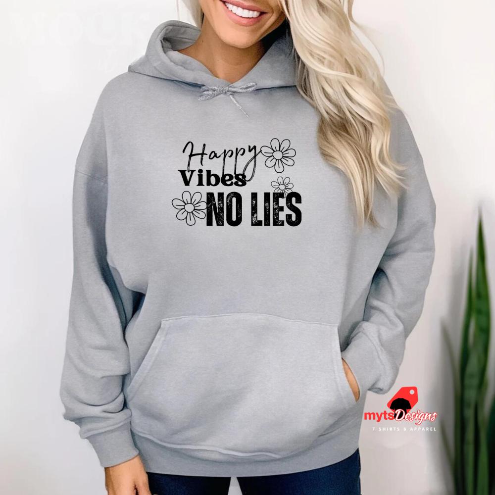 "Woman wearing Happy Vibes No Lies sports grey hoodie - front view"
