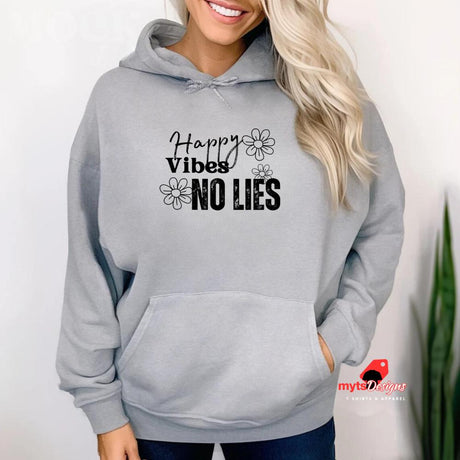 "Woman wearing Happy Vibes No Lies sports grey hoodie - front view"