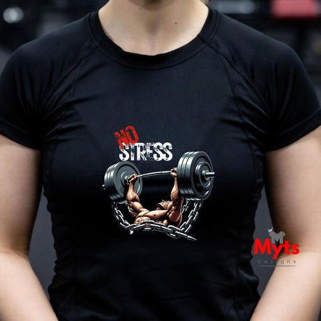 Person wearing a black t-shirt with a graphic design and text 'NO STRESS' featuring a person lifting weights.