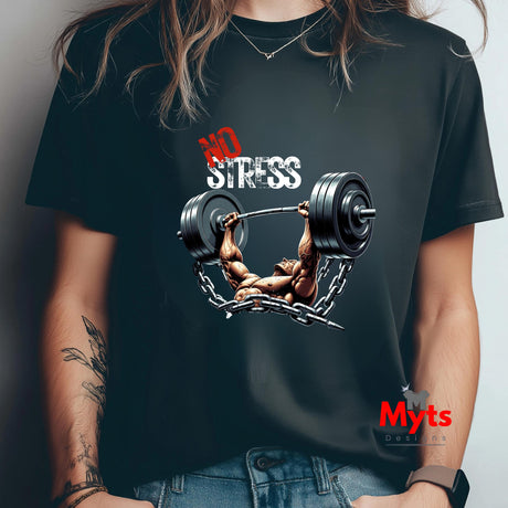 Person wearing a black t-shirt with a graphic design of a person lifting weights and 'No Stress' text, brand 'Myts' visible.