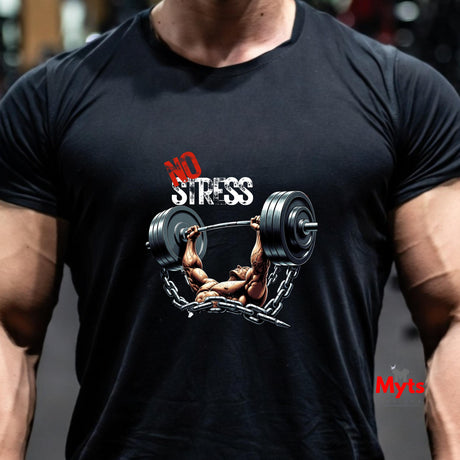 Person wearing a black t-shirt with a graphic design of a person lifting weights and the text 'No Stress' in a gym setting.
