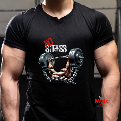 Person wearing a black t-shirt with a graphic design of a person lifting weights and 'No Stress' text.