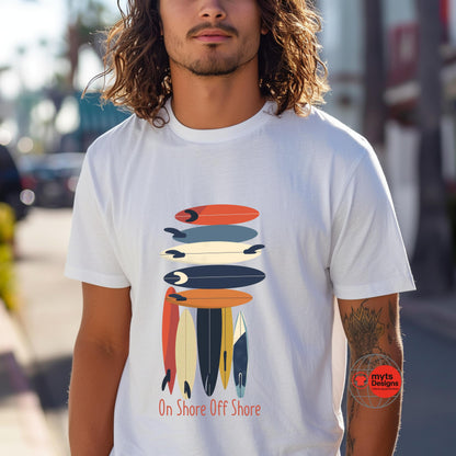 On Shore Off Shore 2026 Surf Season White T-Shirt – Surfboard Designs