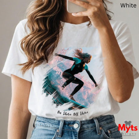 Person wearing a white t-shirt with a graphic design and 'Myts Designs' branding.