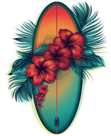 Surfboard with red flowers and green leaves on a white background
