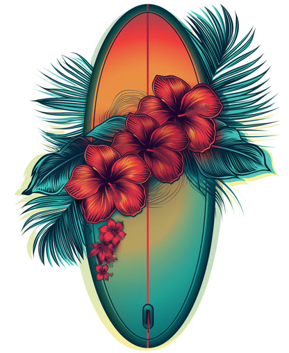 Surfboard with red flowers and green leaves on a white background