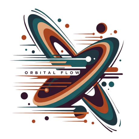 Colorful abstract design with 'Orbital Flow' text on a white background