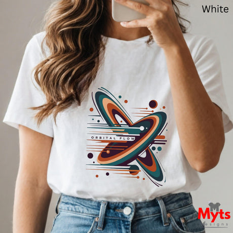 Person wearing a white t-shirt with a colorful graphic design, holding a phone.